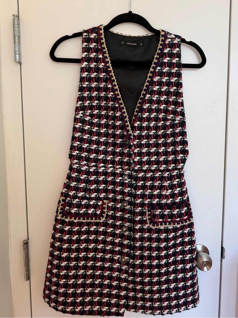 Zara Black Red White Tweed Button-Front Dress with Gold Trim